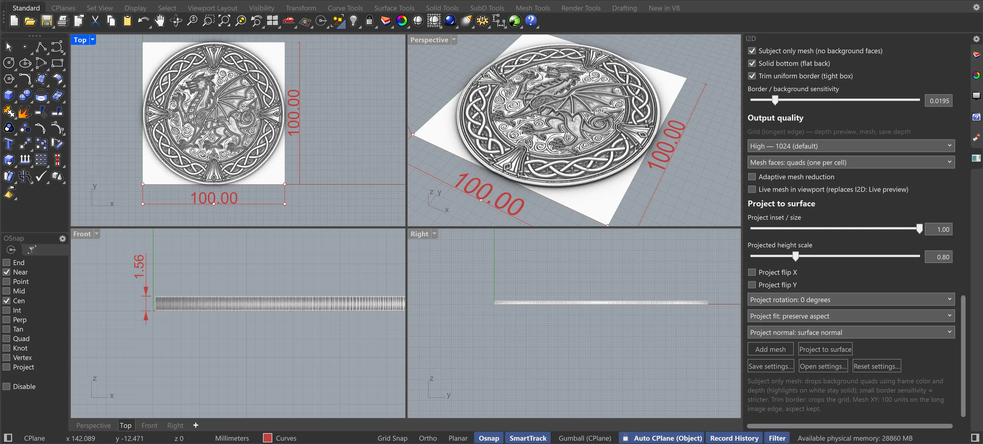 Flat relief mesh with 100 by 100 model unit dimensions