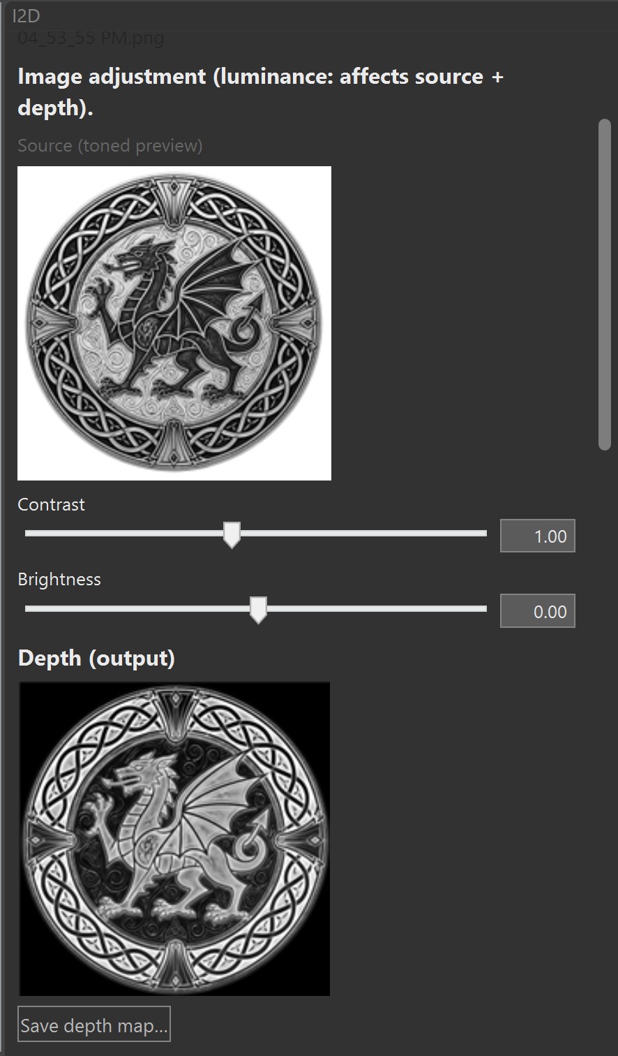 I2D GPU plugin panel showing source preview, depth output, and adjustment sliders