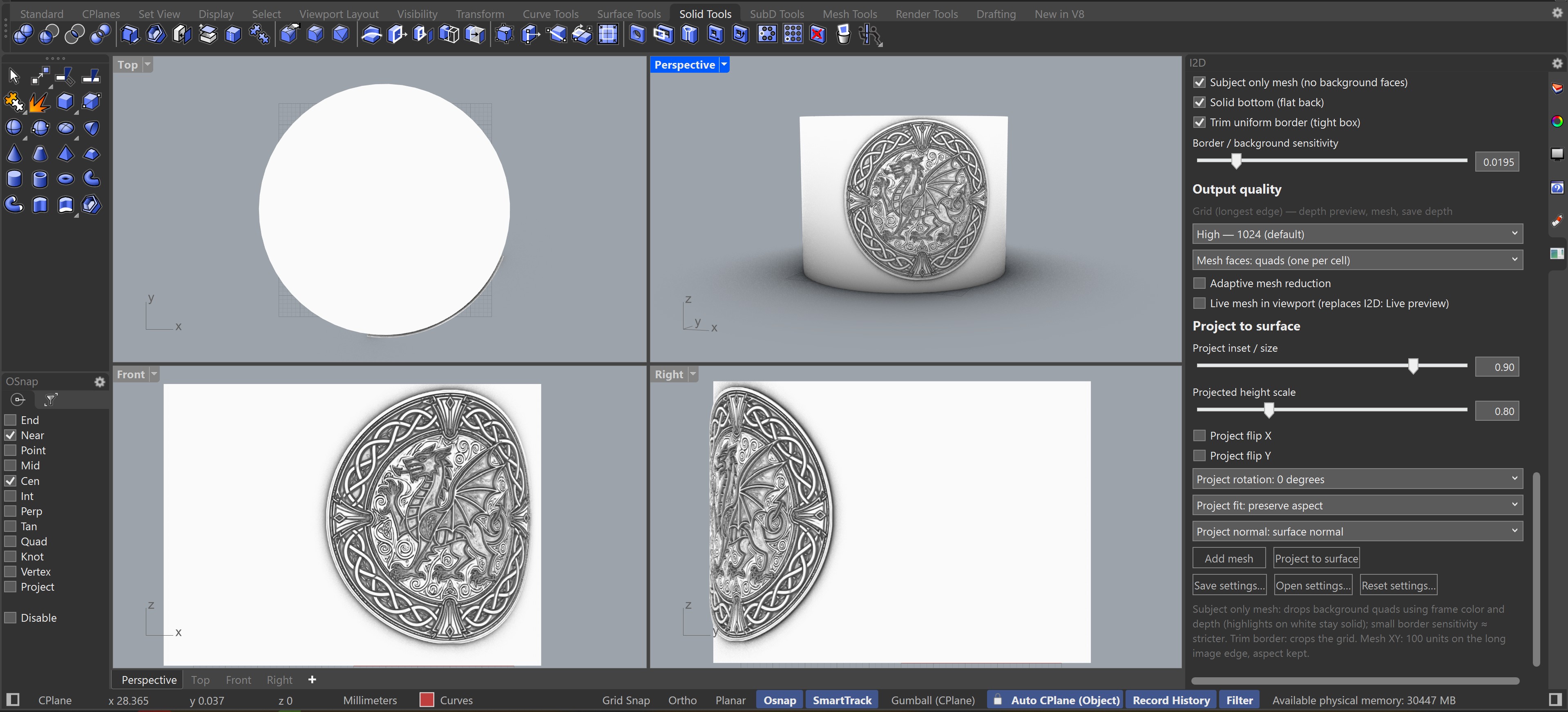 I2D relief projected onto a curved Rhino surface