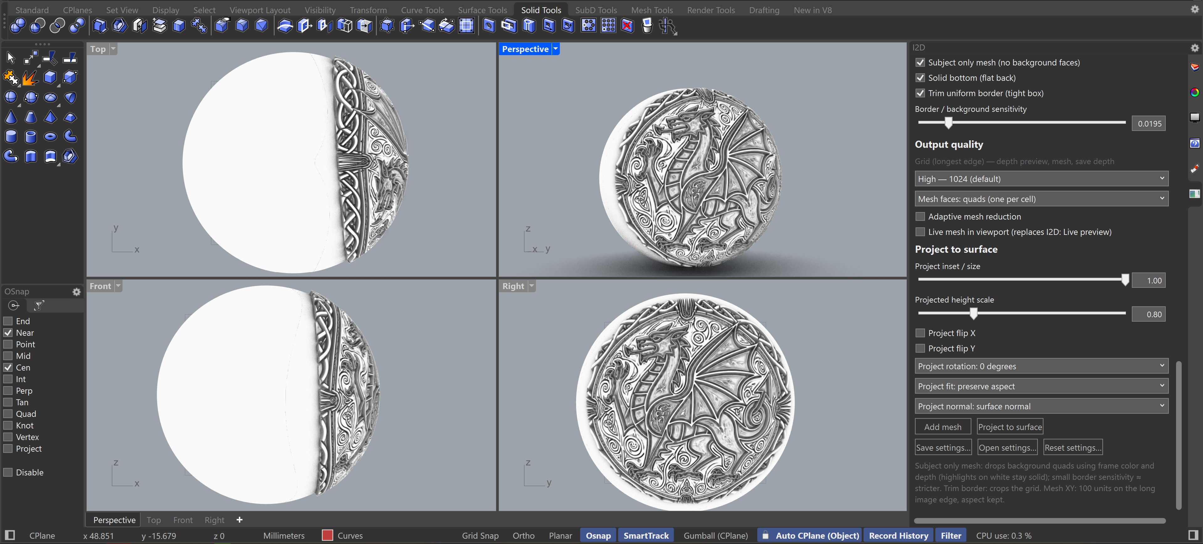I2D relief projected onto a spherical Rhino surface