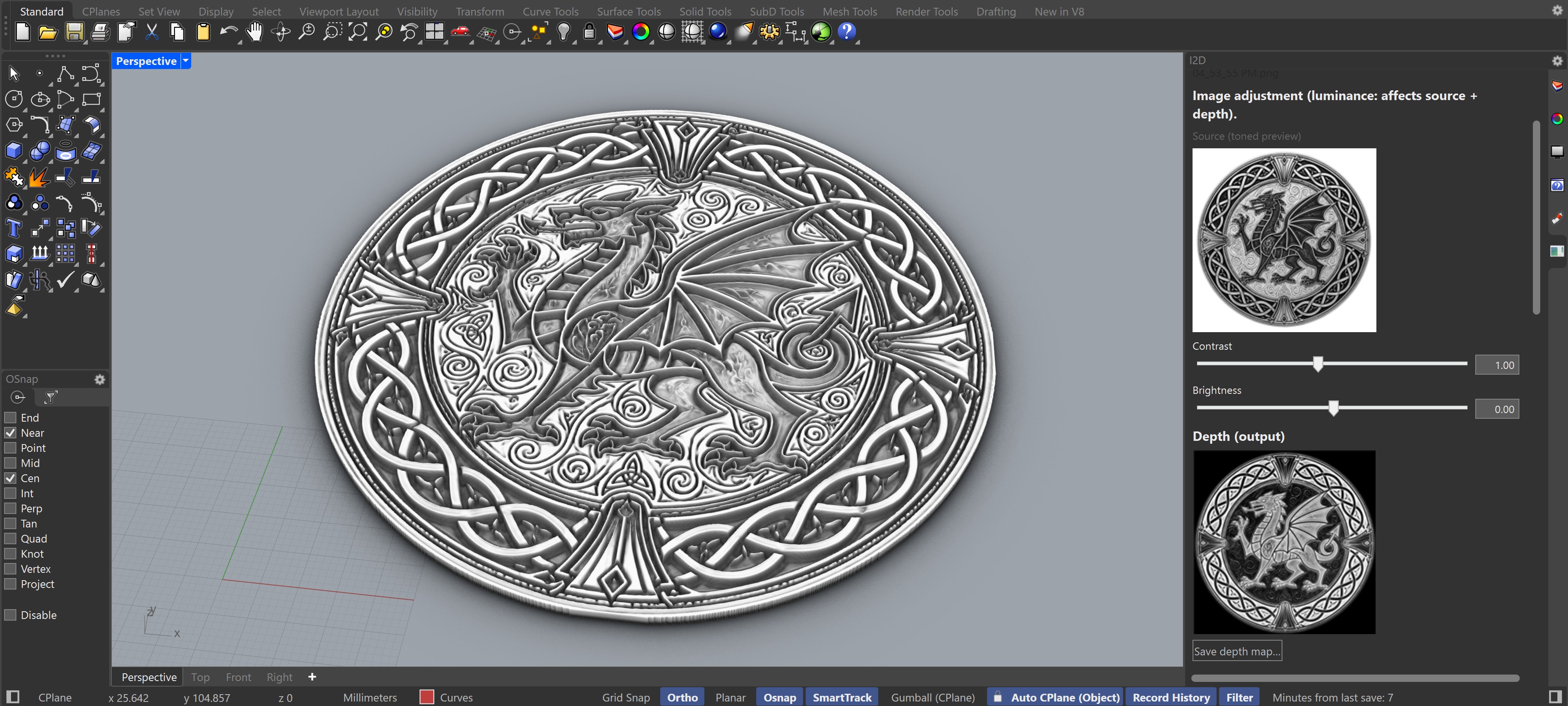 Welsh dragon relief mesh shown in Rhino 8 with the I2D panel